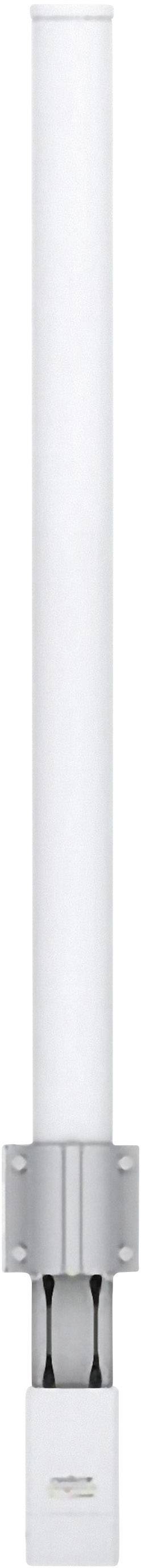 Eine vertikale, zylindrische Antenne mit weißem Gehäuse und metallischem Basishalter. Sie dient zur Ausstrahlung von Funksignalen im Außenbereich.