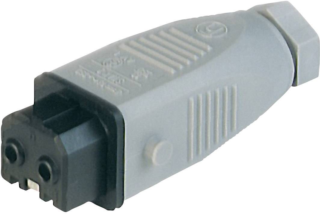 Ein grauer elektrischer Steckeradapter mit zwei Pins, geeignet zur Verbindung von Geräten, mit gerippter Oberseite zur besseren Griffigkeit.