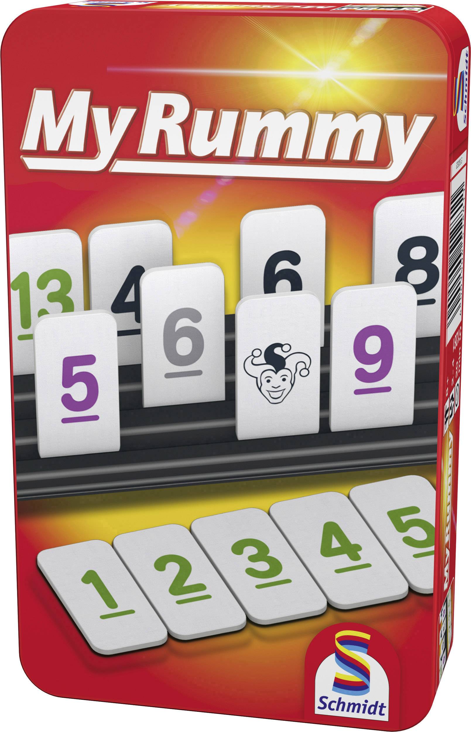 Eine Spielverpackung 'My Rummy' von Schmidt Spiele, zeigt bunte Zahlenplättchen und ein Joker-Symbol auf einem roten Hintergrund.