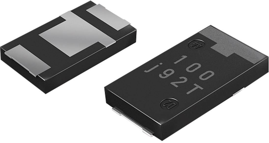 Zwei schwarze elektronische Chips mit Metallkontakten, einer zeigt die Aufschrift '100 j92T', dienen der Strom- oder Spannungsregulierung.