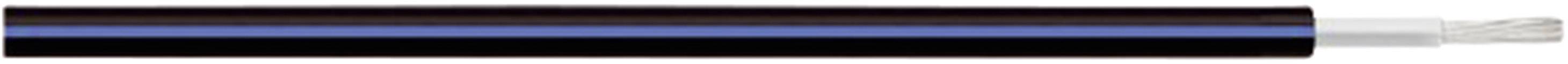 Ein schwarzes Kabel mit einem blauen Streifen. Am rechten Ende sind Metalladern sichtbar, was auf eine mögliche Kabelverbindung hinweist.