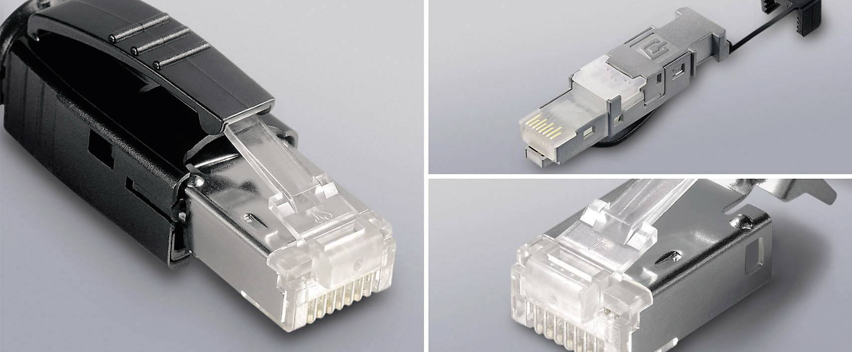 Nahaufnahme von drei Ethernet-Steckern in verschiedenen Perspektiven auf grauem Hintergrund. Steckerköpfe und Kabelanschlüsse sichtbar.