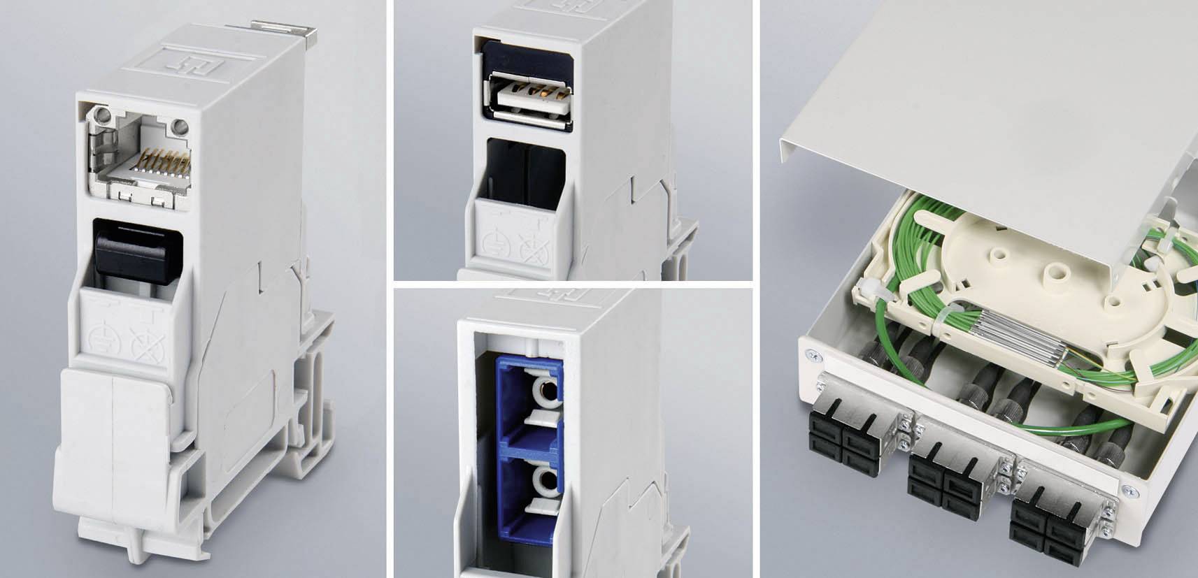 Modulare Telekommunikationssysteme mit verschiedenen Anschlüssen und Abdeckungen. Zeigen Innenansicht eines geöffneten Moduls.