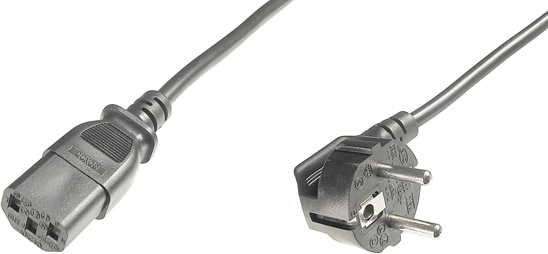 Schwarzes Netzkabel mit zwei Steckertypen: Links ein IEC-Gerätestecker, rechts ein Schuko-Stecker.