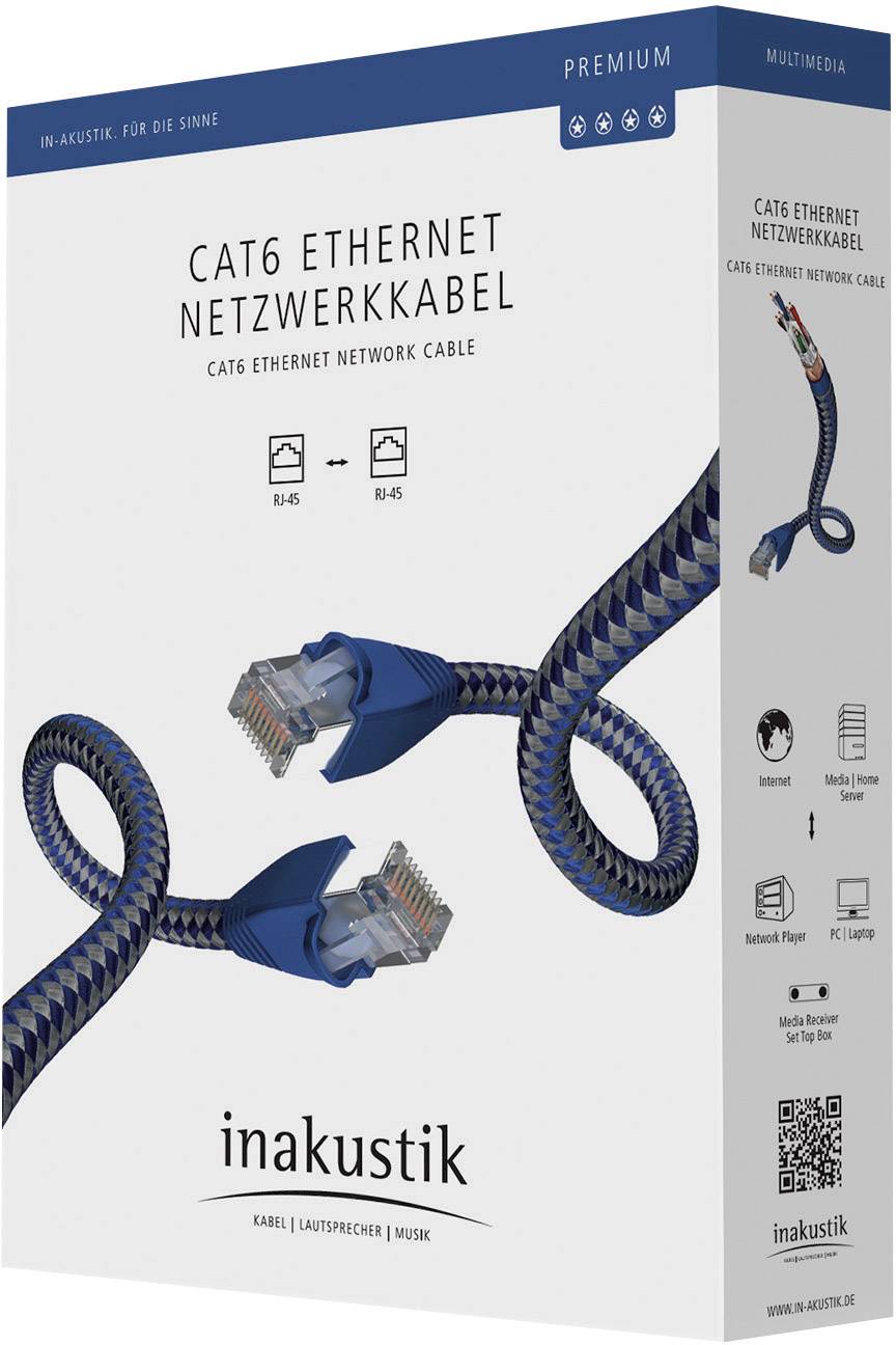 Inakustik 00480301 RJ45 Netzwerkkabel, Patchkabel CAT 6 SF/UTP 1.00 m Silber-Blau mit Rastnasenschutz 1 St.