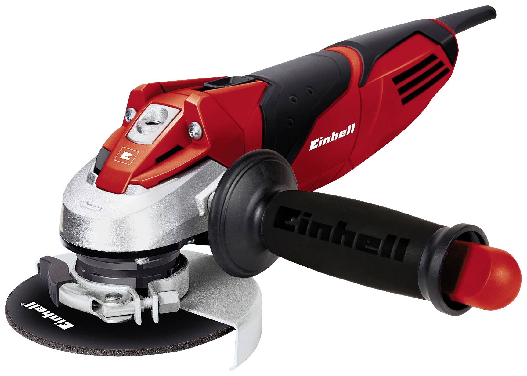 Ein roter Winkelschleifer von Einhell mit schwarzem Griff, geeignet für Schleifarbeiten.