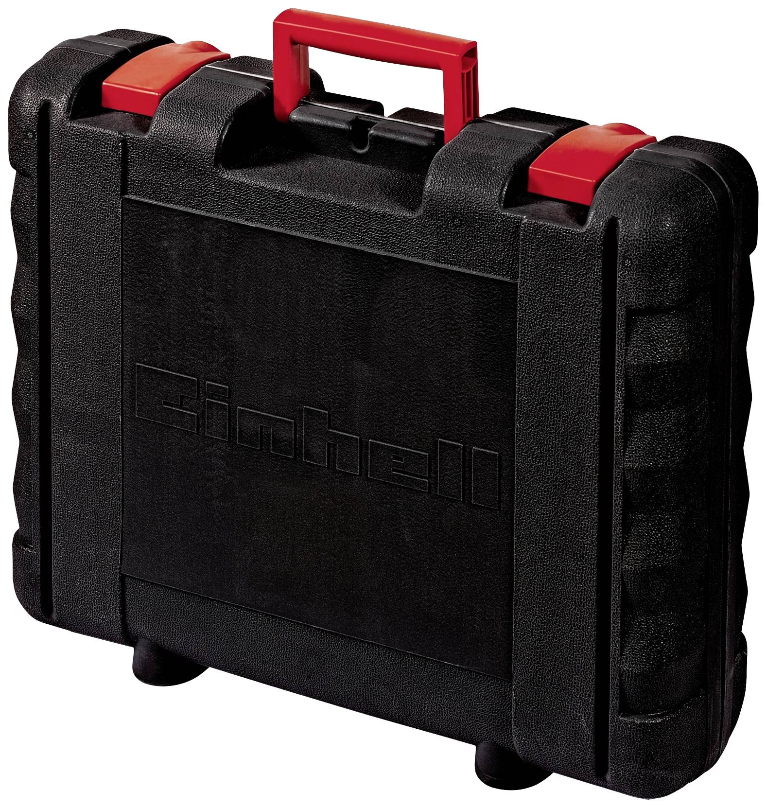 Schwarzer Werkzeugkoffer mit roten Verschlüssen und Griff, Marke auf der Vorderseite sichtbar.