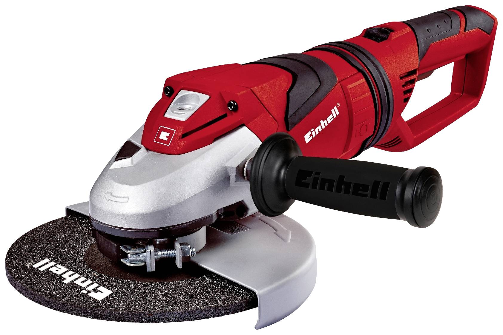 Einhell Winkelschleifer mit rotem Gehäuse und abnehmbarem Griff. Geeignet für Schleif- und Schneidearbeiten in Werkstätten.