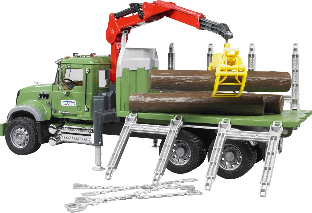 Spielzeug-Lkw mit Holzstämmen und Kran. Der grüne Lkw hat eine Ladefläche, auf der der Kran Holzstämme hebt und bewegt.