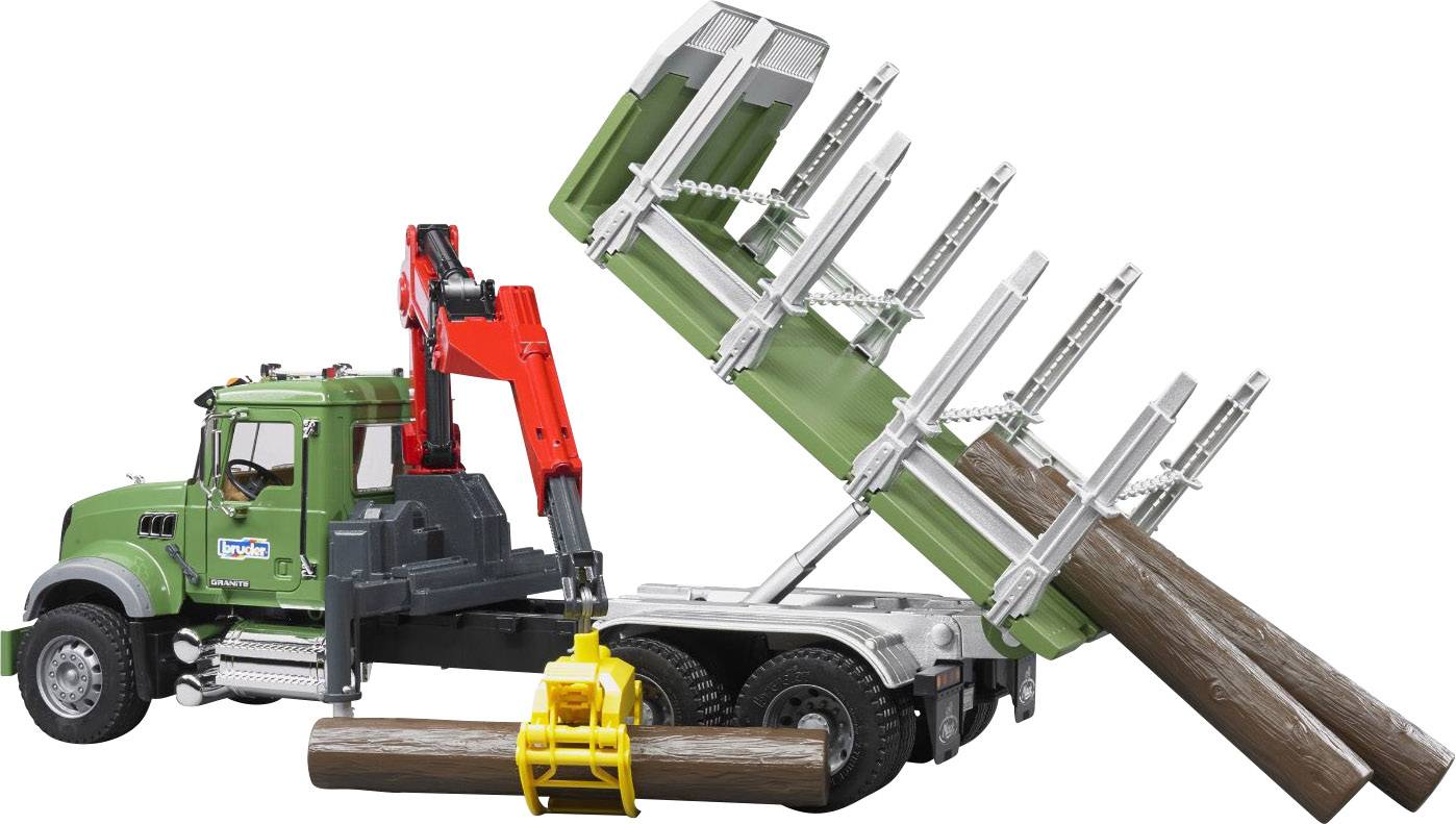 Ein grüner Lastwagen mit rotem Kranarm lädt Baumstämme ab. Ein gelber Greifer hält einen Stamm. Transport von Holz dargestellt.