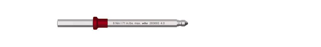 Zylinderförmiger Metallstift mit rotem Ring und Gravur 'DIN/EN xyz, rev. abc 2020'.