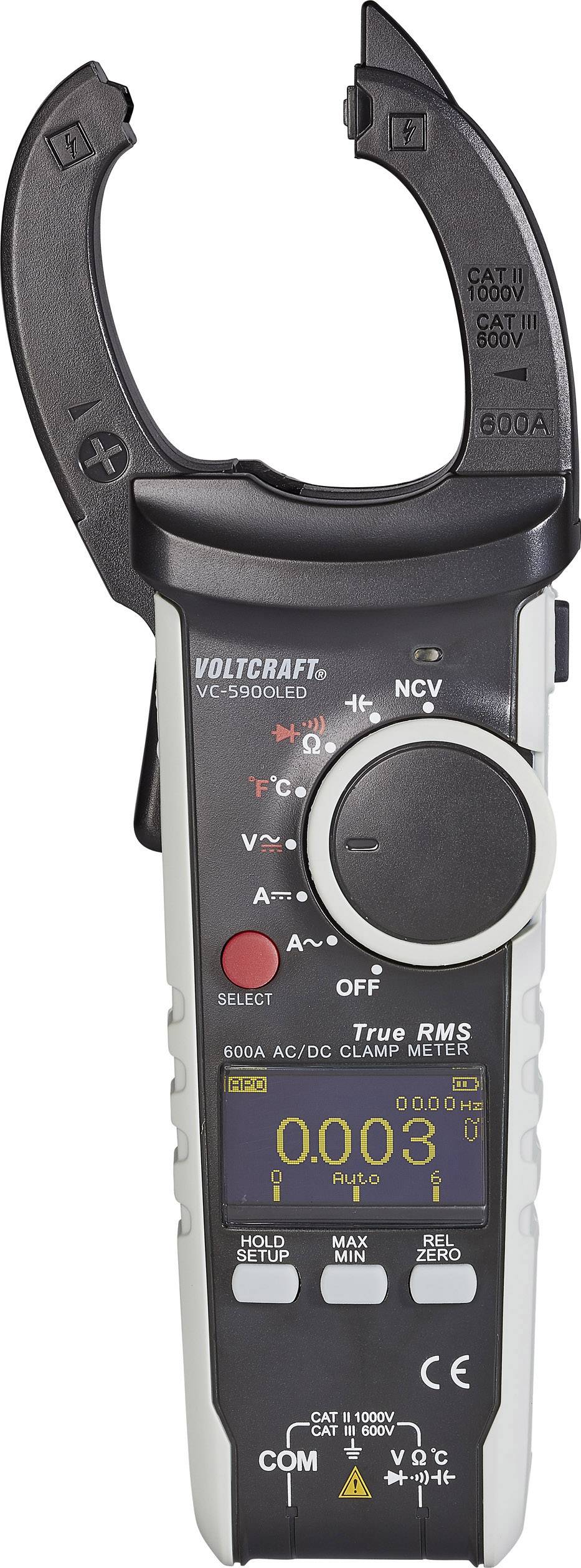 Multimeter mit Klemmenmessung, Anzeige für Spannung, Strom und weitere Messwerte. Modell VC-590OLED von Voltcraft.