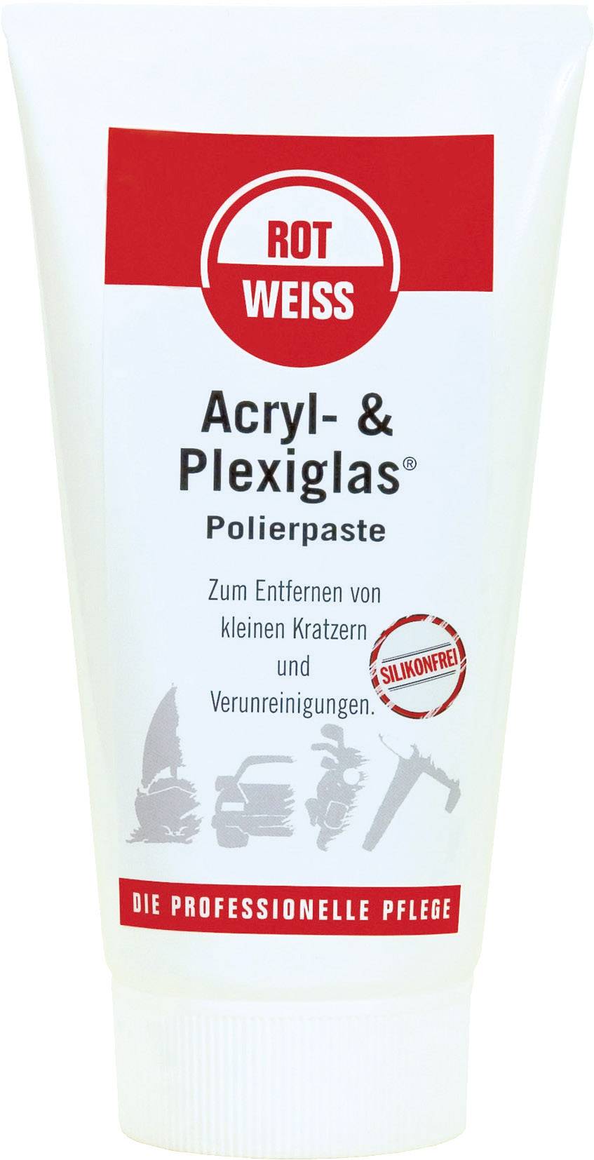 Eine Tube mit 'ROTWEISS Acryl- & Plexiglas Polierpaste' zur Entfernung von Kratzern und Verunreinigungen.