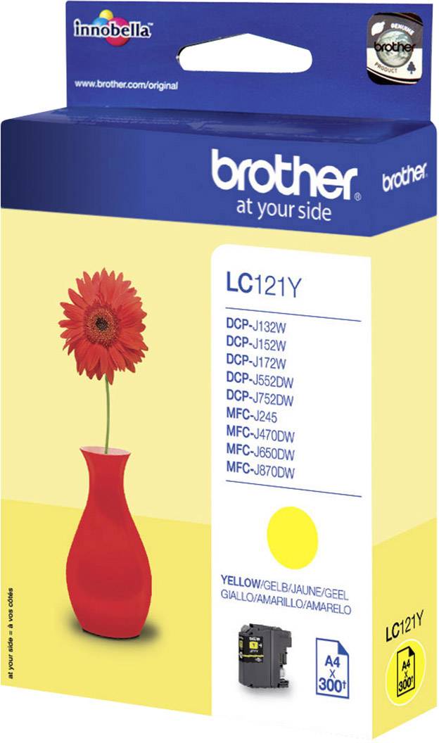 Verpackung einer Brother Tintenpatrone LC121Y mit gelber Blume in roter Vase, geeignet für verschiedene Brother-Druckermodelle, 300 Seiten Kapazität.