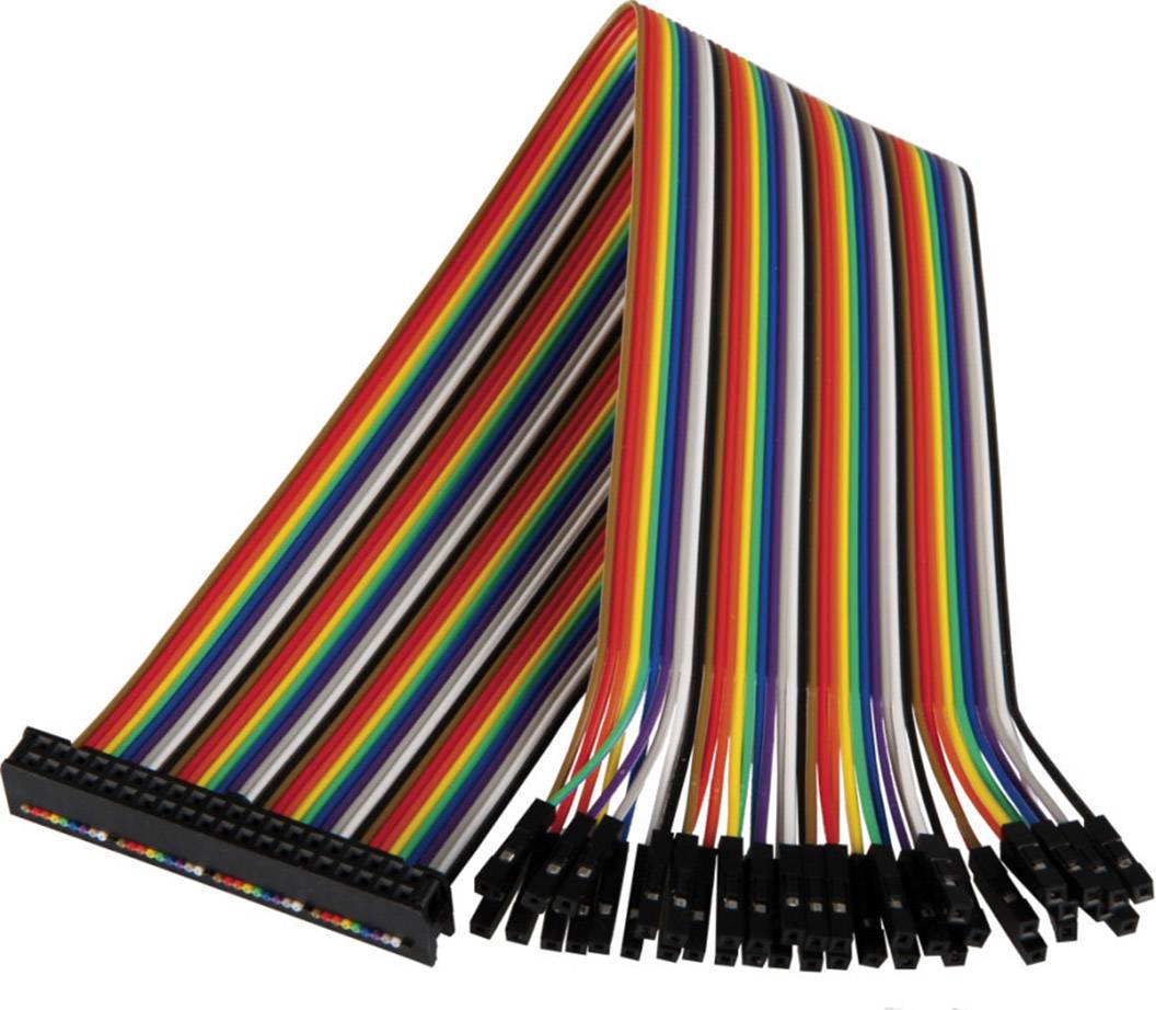 Flaches, buntes Kabelband mit vielen kleinen Steckern an beiden Enden zur Verbindung elektronischer Komponenten.