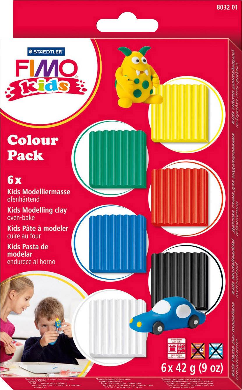 Staedtler FIMO 8032001, Knetmasse, Schwarz, Blau, Grün, Rot, Weiß, Gelb, Kinder, 6 Farben, 110 °C, 42 g