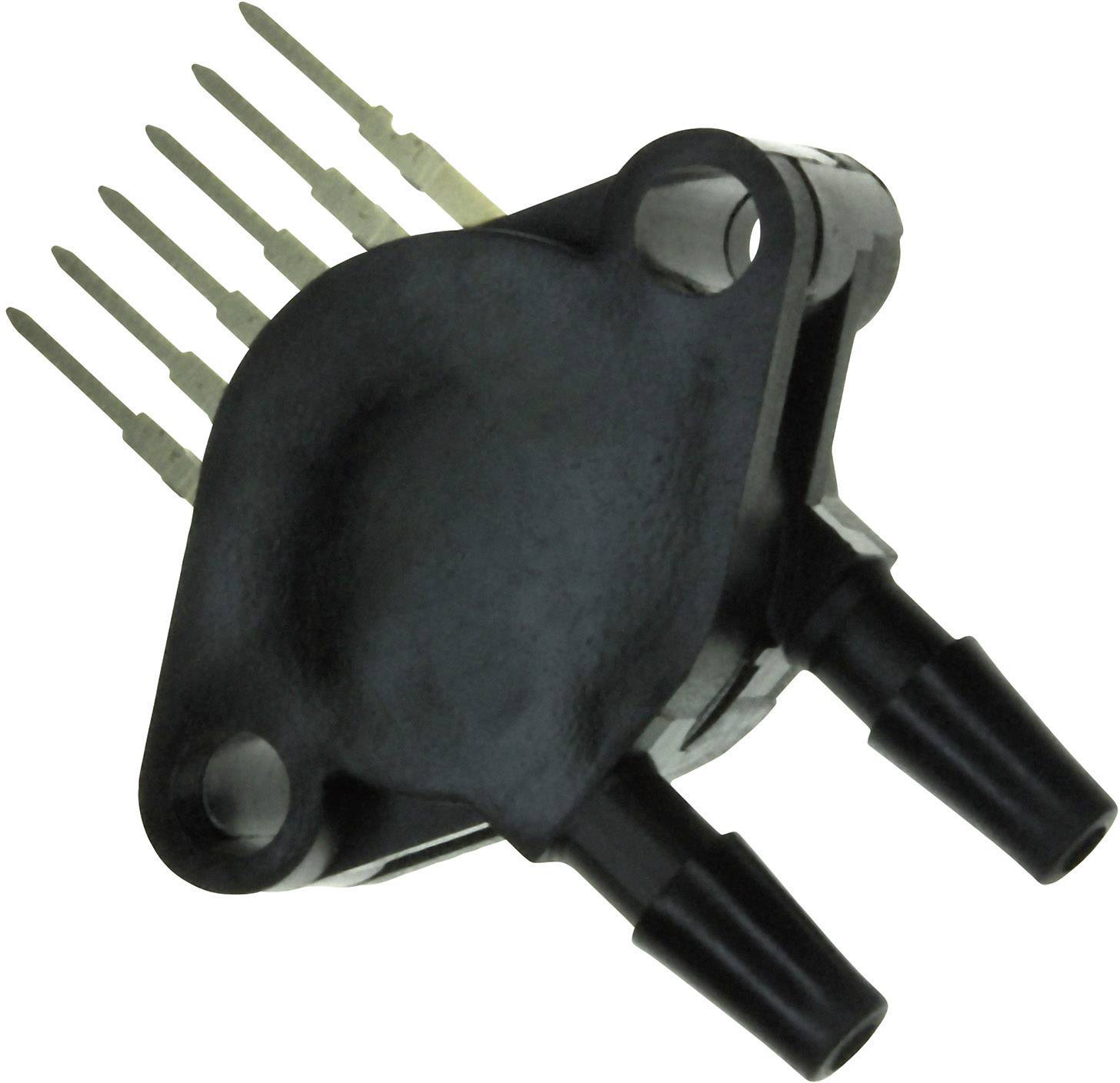 Ein schwarzes elektronisches Bauteil mit mehreren silbernen Pins und zwei schwarzen Anschlüssen, möglicherweise ein Sensor.