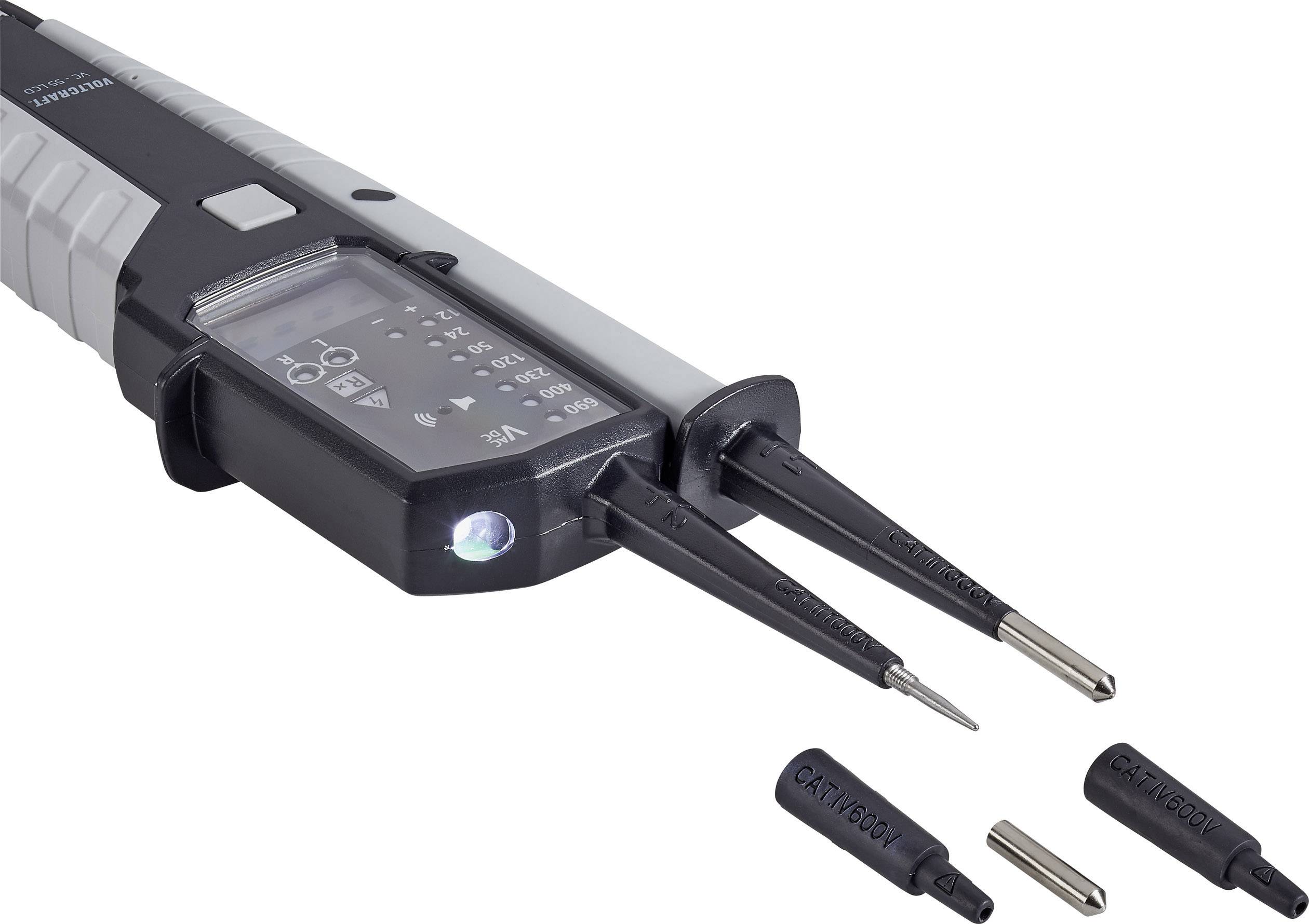 Elektronisches Prüfgerät mit zwei Messspitzen, beleuchtetem Display und drei austauschbaren Spitzenaufsätzen.