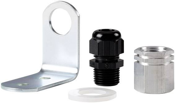 Metallwinkel mit Loch, schwarzer Gewindestecker, silberne Mutter und weiße Dichtung. Komponenten für mechanische Befestigung.