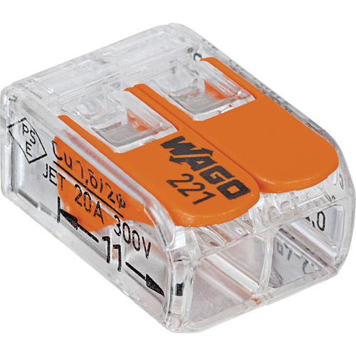 WAGO 221-412-100 221 Connector clip flexible: 0.14-4 mm² fixed: 0.2-4 mm² Number of pins (num): 2 100 pc(s) Transparent, Orange