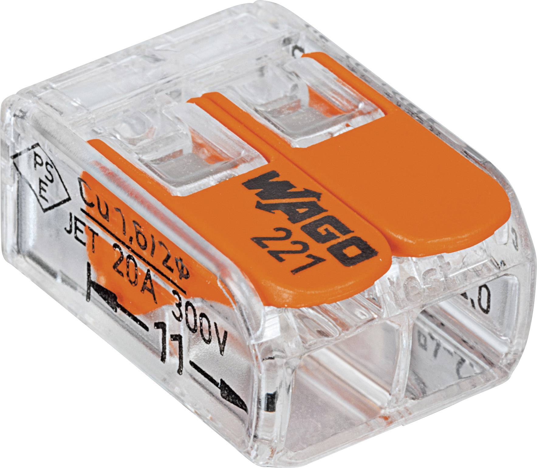 Ein transparenter Kunststoff-Verbindungsklemmenblock mit zwei Hebeln und der Aufschrift 'Wago 221', geeignet für elektrische Kabelverbindungen.