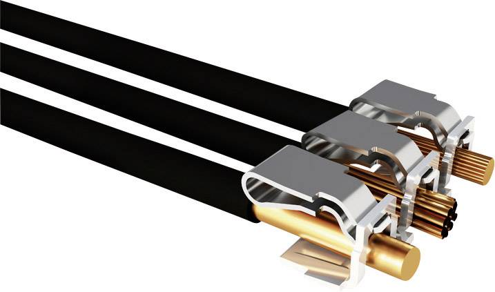 Drei schwarze Kabel mit kupfernen und metallenen Enden, die für elektrische Verbindungen geeignet sind.