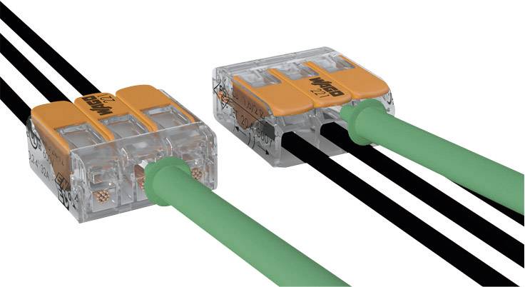 Zwei elektrische Steckklemmen verbinden mehrere schwarze und grüne Drähte miteinander.