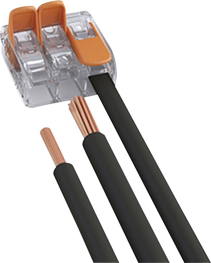 Ein transparenter Steckverbinder mit orangenen Hebeln verbindet drei schwarze Kabel, davon eines mit freigelegtem Kupferdraht.