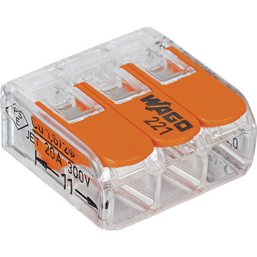 WAGO 221-413-50 221 Connector clip flexible: 0.14-4 mm² fixed: 0.2-4 mm² Number of pins (num): 3 50 pc(s) Transparent, Orange