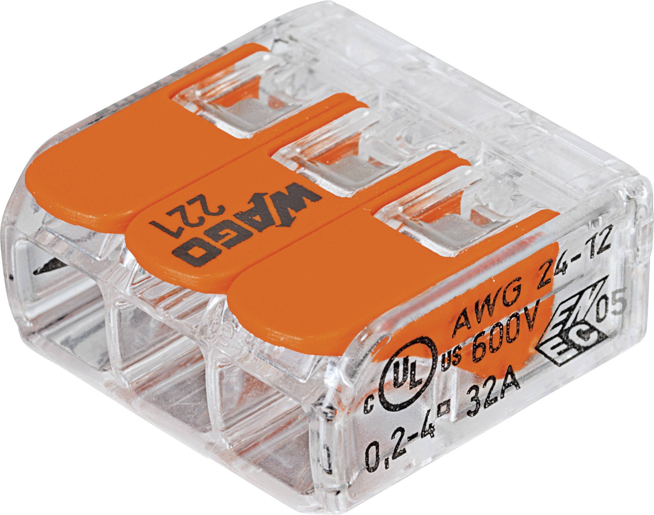 WAGO 221-413-50 221 Verbindungsklemme flexibel: 0.14-4mm² starr: 0.2-4mm² Polzahl: 3 50 St. Transparent, Orange
