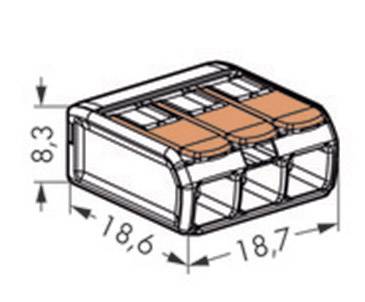 Eine technische Zeichnung zeigt einen transparenten Steckverbinder mit drei Eingängen. Maße: 18,6 mm x 8,3 mm x 18,7 mm.