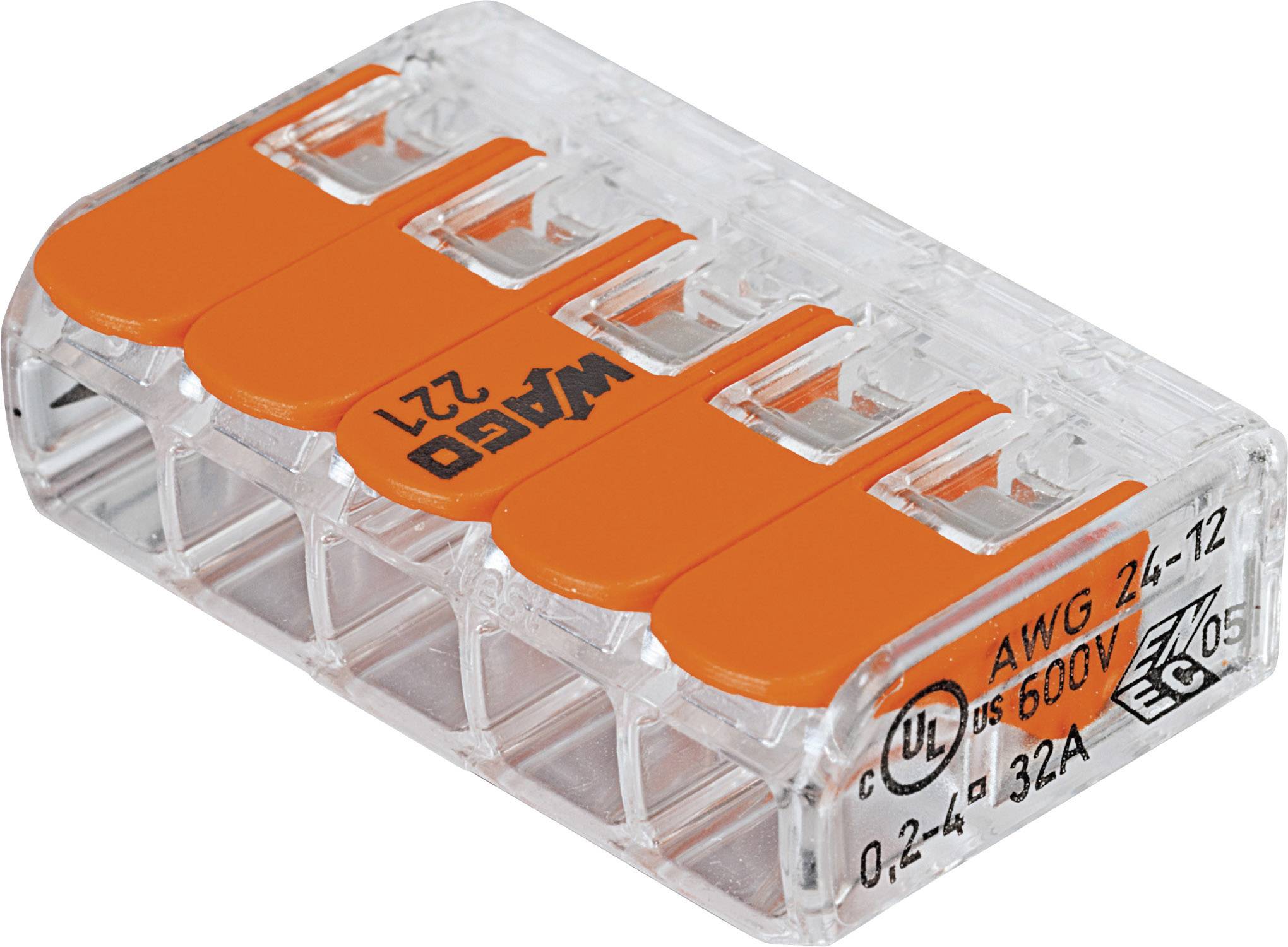 WAGO 221-415 221 Verbindungsklemme flexibel: 0.14-4 mm² starr: 0.2-4 mm² Polzahl (num): 5 40 St. Transparent, Orange