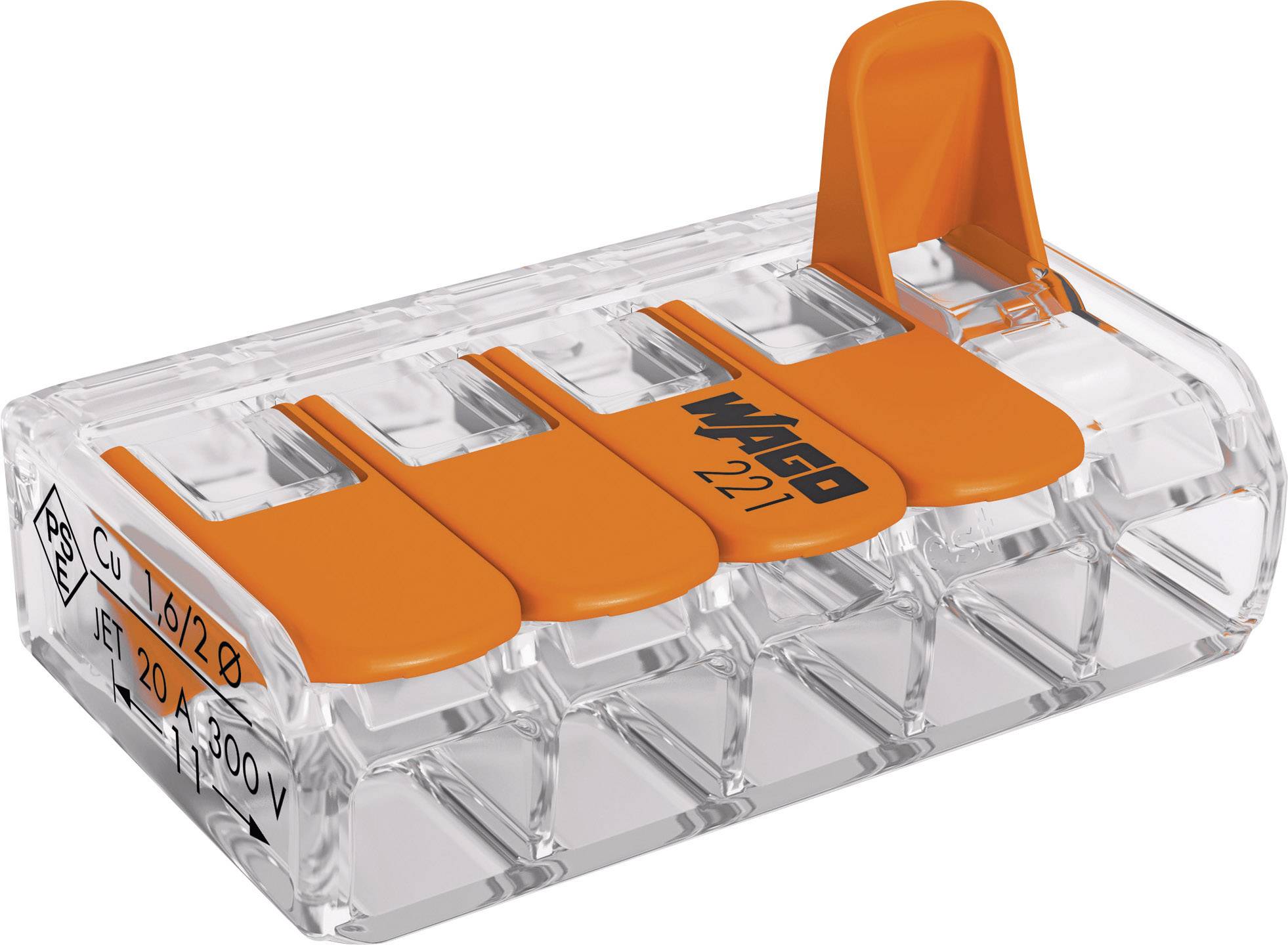 Fünfpolige Wago-Klemme mit orangen Hebeln für sichere elektrische Verbindungen. Geeignet für 0,5-2,5 mm², max. 400 V.