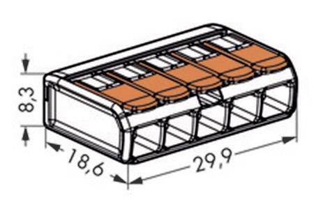 Abbildung eines Steckverbindungselements mit fünf orangefarbenen Hebeln. Maße: 8,3 mm Höhe, 18,6 mm Breite, 29,9 mm Länge.