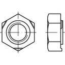 Technische Zeichnung einer sechseckigen Mutter, Draufsicht und Seitenansicht, zeigt Dimensionen und Form für mechanische Anwendungen.