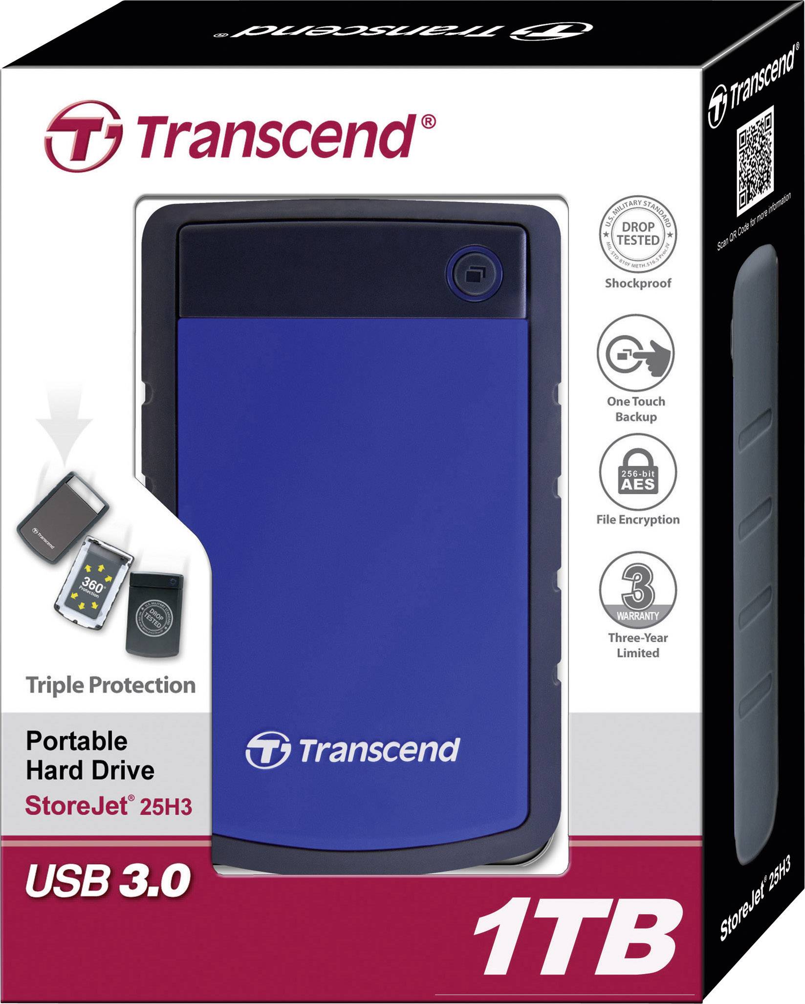 Transcend StoreJet® 25H3B 1 TB Externe Festplatte 6.35 cm (2.5 Zoll) USB 3.2 Gen 1 (USB 3.0) Blau, Grau TS1TSJ25H3B