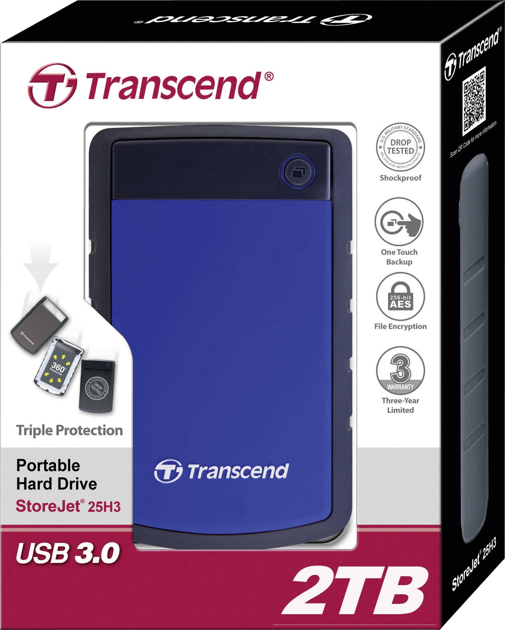 Externe Festplatte Transcend StoreJet 25H3 mit 2 TB Kapazität, USB 3.0, stoßfest, Verschlüsselung, dreifacher Schutz.