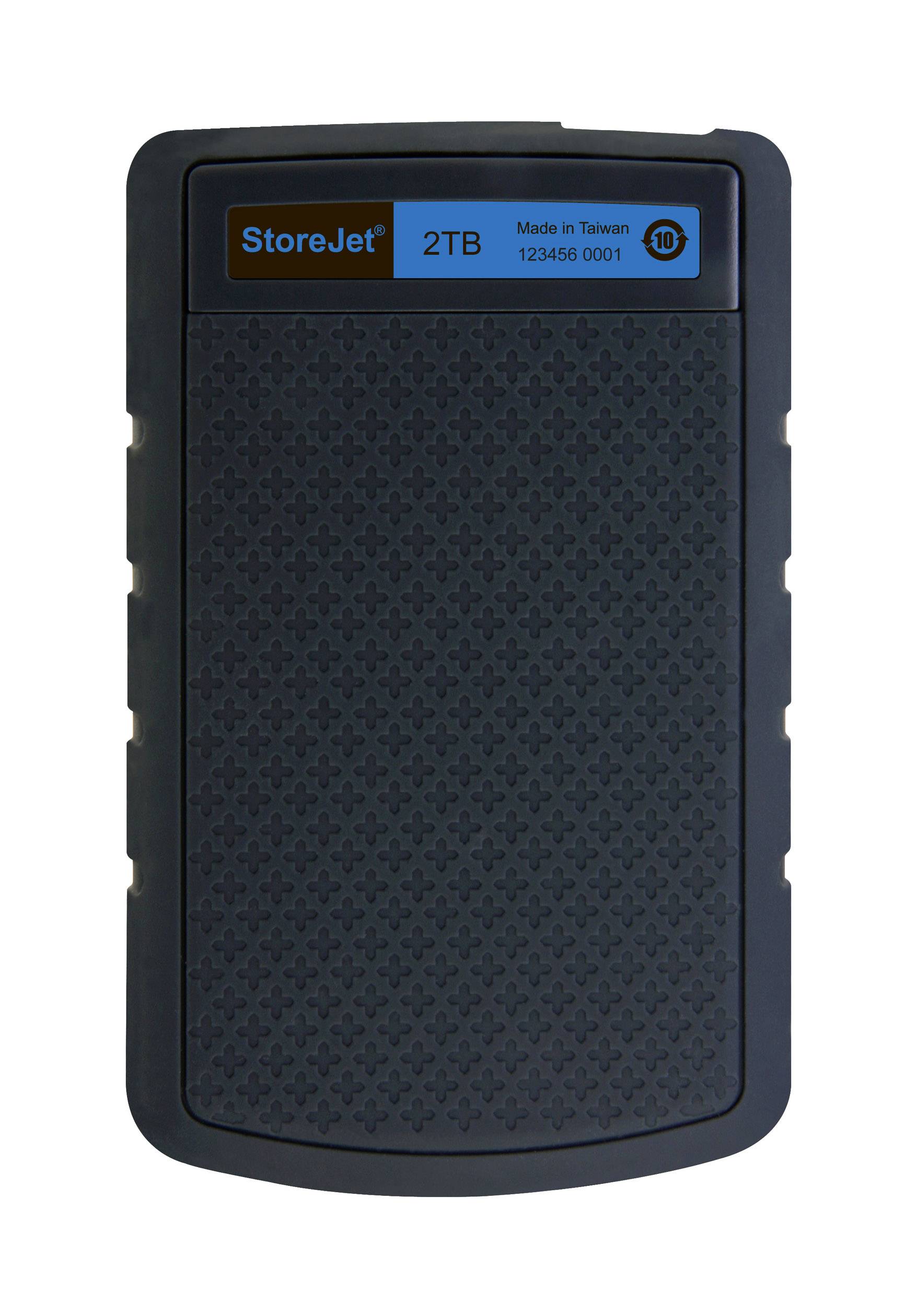 Externe Festplatte 'StoreJet' mit schwarzem Gehäuse, blauem Label oben. Kapazität: 2TB. Modellnummer: 123456 0001.