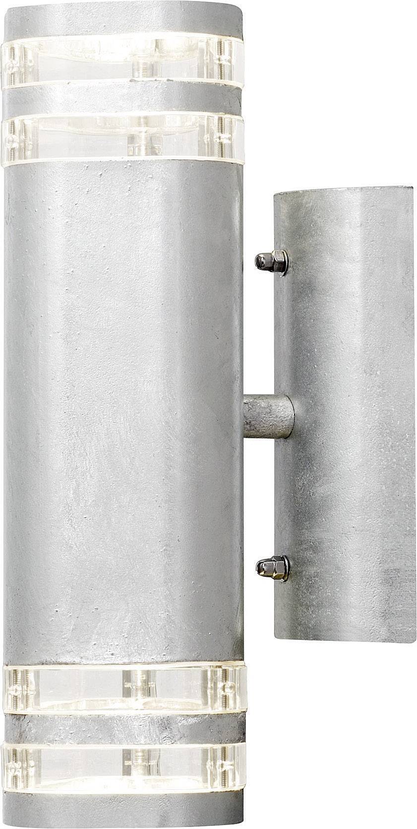 Moderne Wandlampe mit zylindrischem Design, silbernem Gehäuse und durchsichtigen Glasdetails an den Enden, geeignet für Außenbereich.