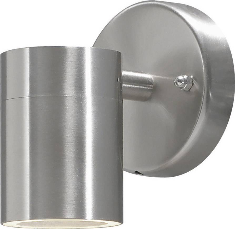 Zylinderförmige silberne Wandleuchte mit gebürstetem Metallfinish, befestigt an einer runden Wandhalterung.