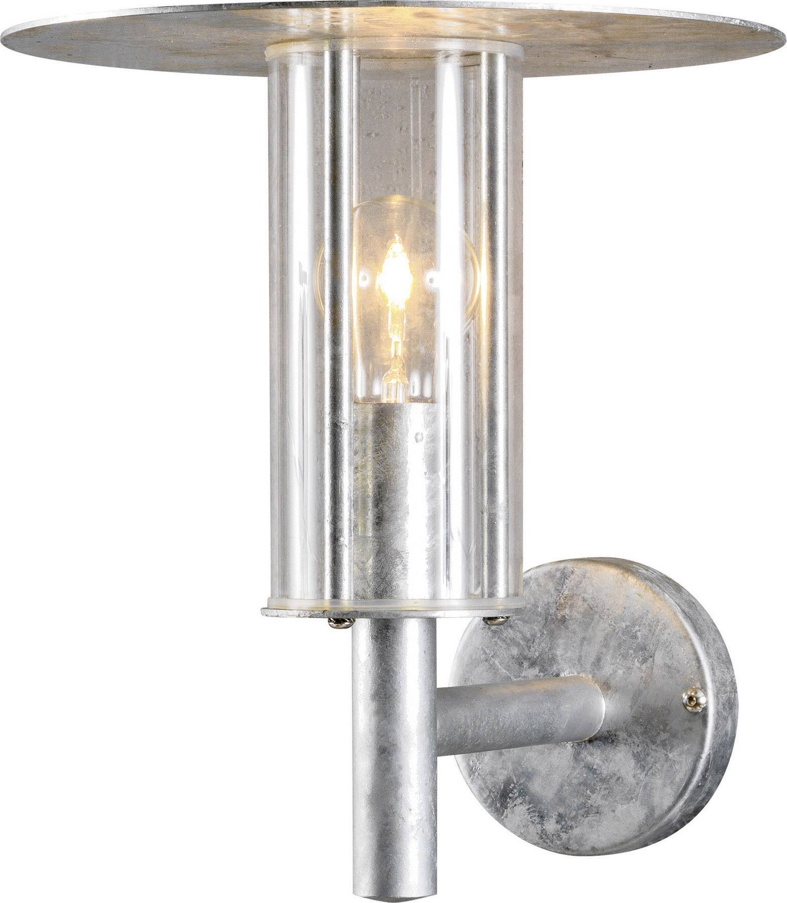 Eine Wandleuchte aus Metall mit einem zylindrischen, durchsichtigen Glasgehäuse und einer sichtbaren Glühbirne, die leuchtet.