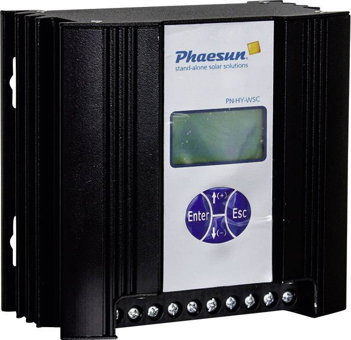 Schwarzer Solarladeregler mit Display und Steuertasten für Ein- und Ausschaltung. Markenlogo oben: 'Phaesun - stand-alone solar solutions'.
