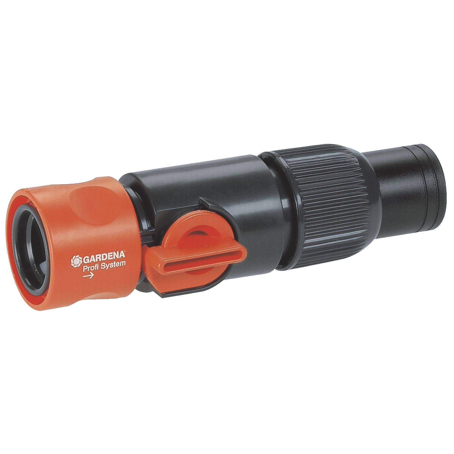 Ein Gartenschlauchadapter aus schwarzem und orangem Kunststoff von Gardena, mit Hebel zum einfachen Verbinden von Schläuchen.