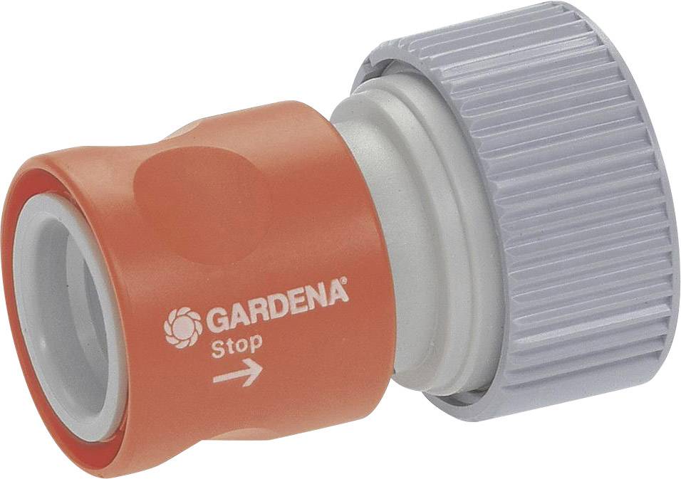 Wasserstop-Verbindung von Gardena in Grau und Orange, zeigt einen Pfeil und die Aufschrift 'Stop'. Zum Anschluss von Gartenschläuchen.