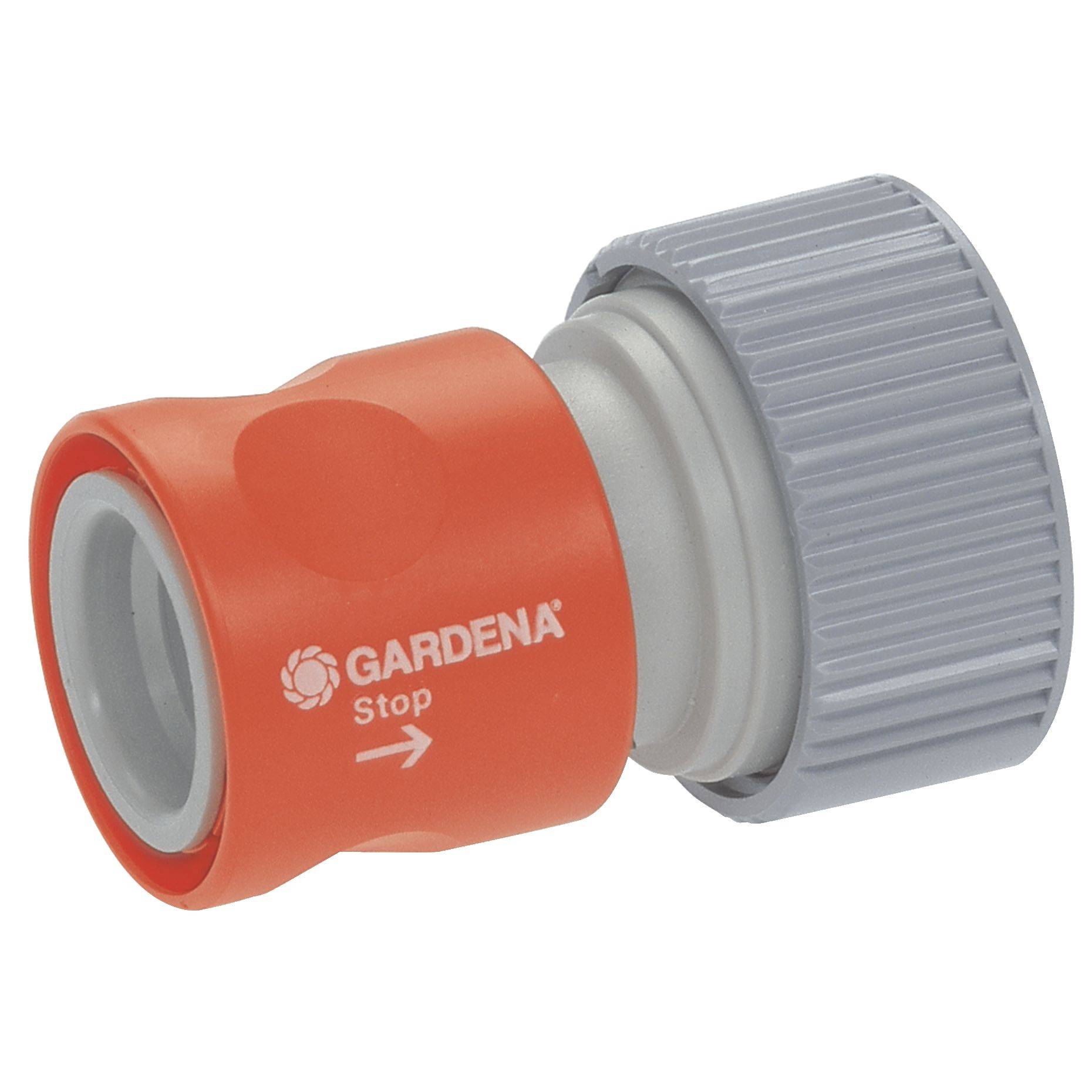 Ein orange-grauer Schlauchverbinder mit der Aufschrift 'GARDENA Stop'. Geeignet zum einfachen Verbinden und Stoppen von Gartenschläuchen.
