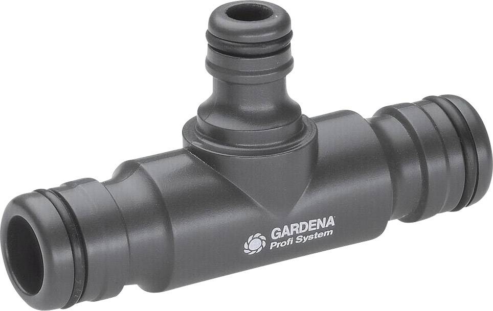 Ein schwarzer Gardena Profi System Schlauchverbinder mit drei Anschlüssen, geeignet für die Verbindung von Gartenschläuchen.