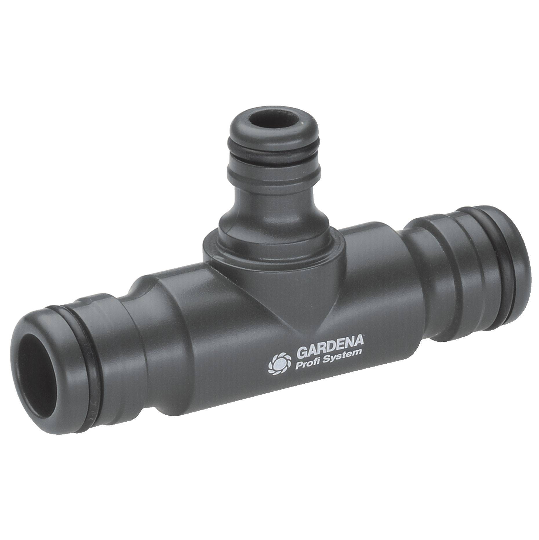 Ein schwarzer T-Stück-Adapter des Gardena Profi Systems, geeignet für Wasserschlauchverbindungen, mit drei Anschlüssen.
