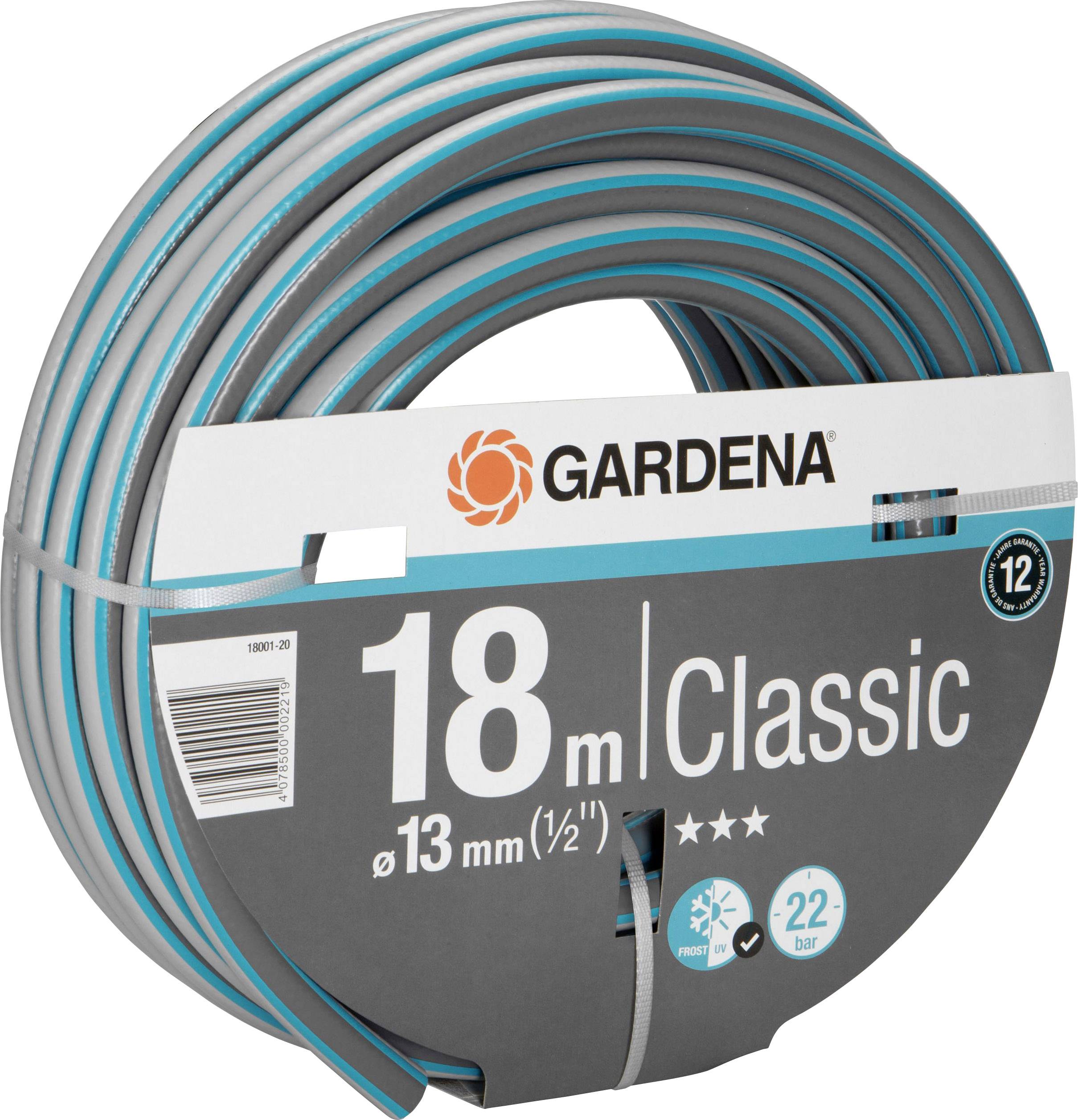 Gartenschlauch von Gardena, 18 Meter Länge, 13 mm Durchmesser, geeignet für bis zu 22 bar Druck, graues Rohr mit blauen Streifen.