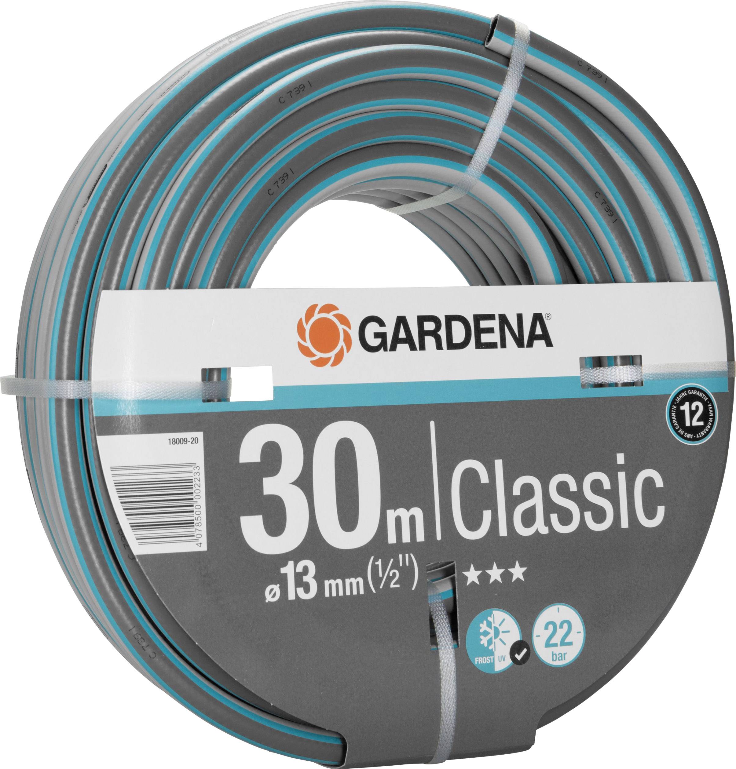 Gartenschlauch von Gardena, 30 Meter, Classic, Durchmesser 13 mm, geeignet für bis zu 22 bar Druck, dreifach Stern-Bewertung.