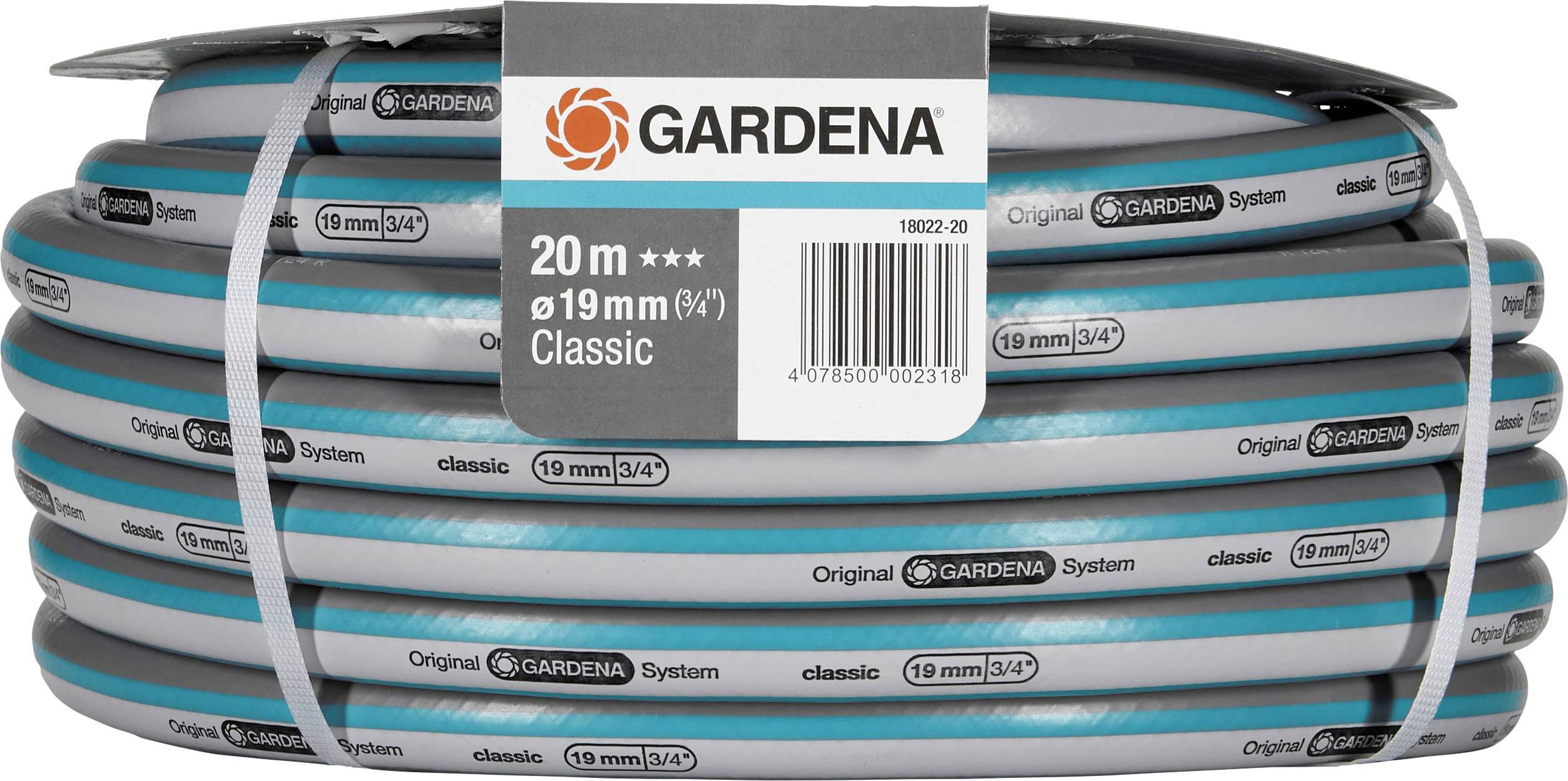 Gartenschlauch 'GARDENA Classic', 20 Meter, Durchmesser 19 mm (3/4 Zoll), mit Original-GARDENA-System. Verpackung zeigt Logo und Maße.
